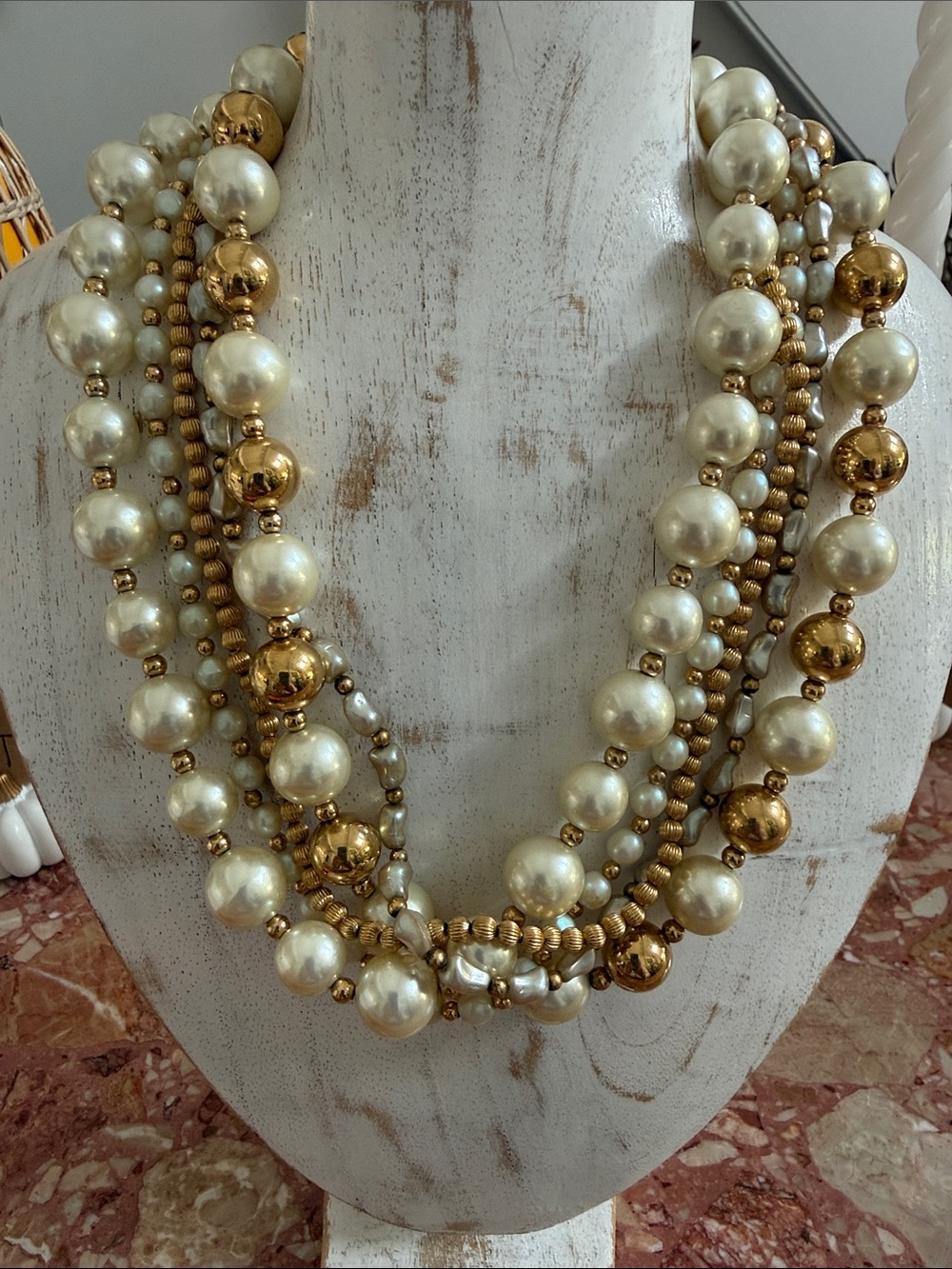 Layered Pearl and Gold Bead Vintage Necklace - Ivory/Gold